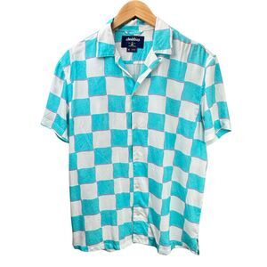Chubbies Sunday Shirt Mens Medium Blue Rayon The Pawn Checkerboard Short Sleeve